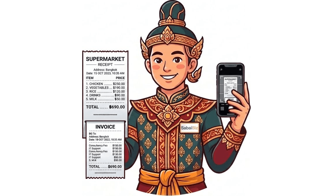 Mascot snapping a photo of an invoice
